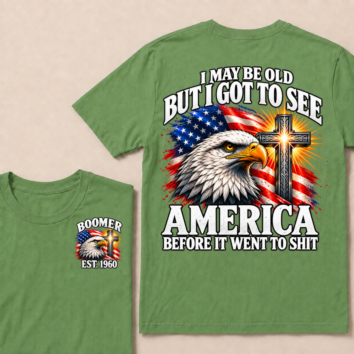 Boomer EST.Year I May Be Old But I Got To See America Vintage Eagle USA Flag T-Shirt