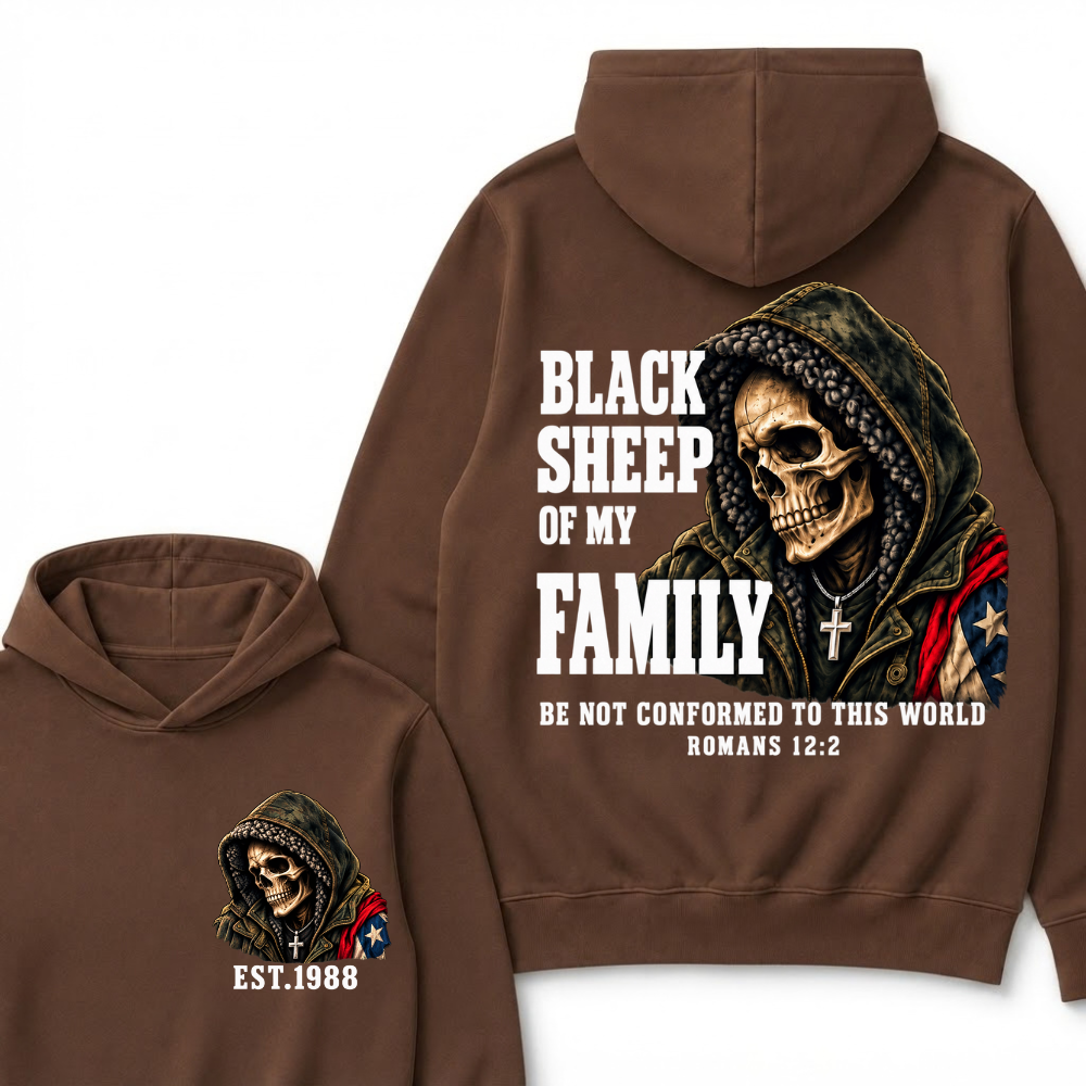 Custom EST Year Black Sheep Of My Family Romans 12:2 Bible Verse Skull Hoodie