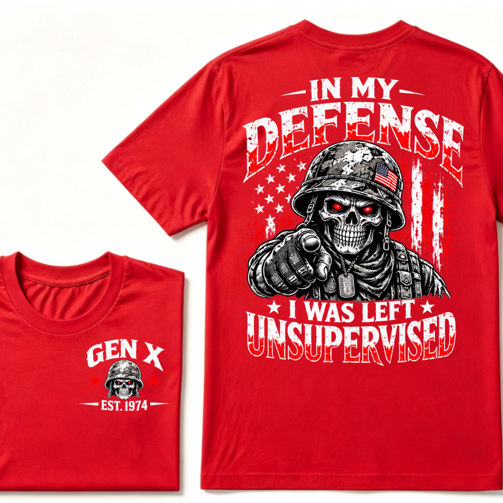 Gen X EST.Year In My Defense I Was Left Unsupervised Soldier Skull American Flag Graphic T-Shirt