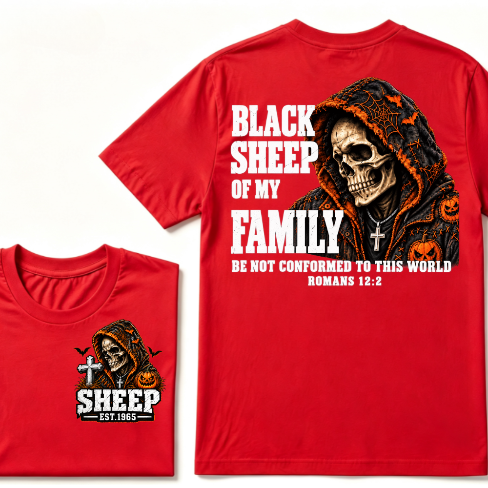 Black Sheep Of My Family Halloween Skull Hooded T-Shirt, Be Not Conformed To This World Romans 12:2 Christian EST.Year Pumpkin Bat Print Graphic Tee