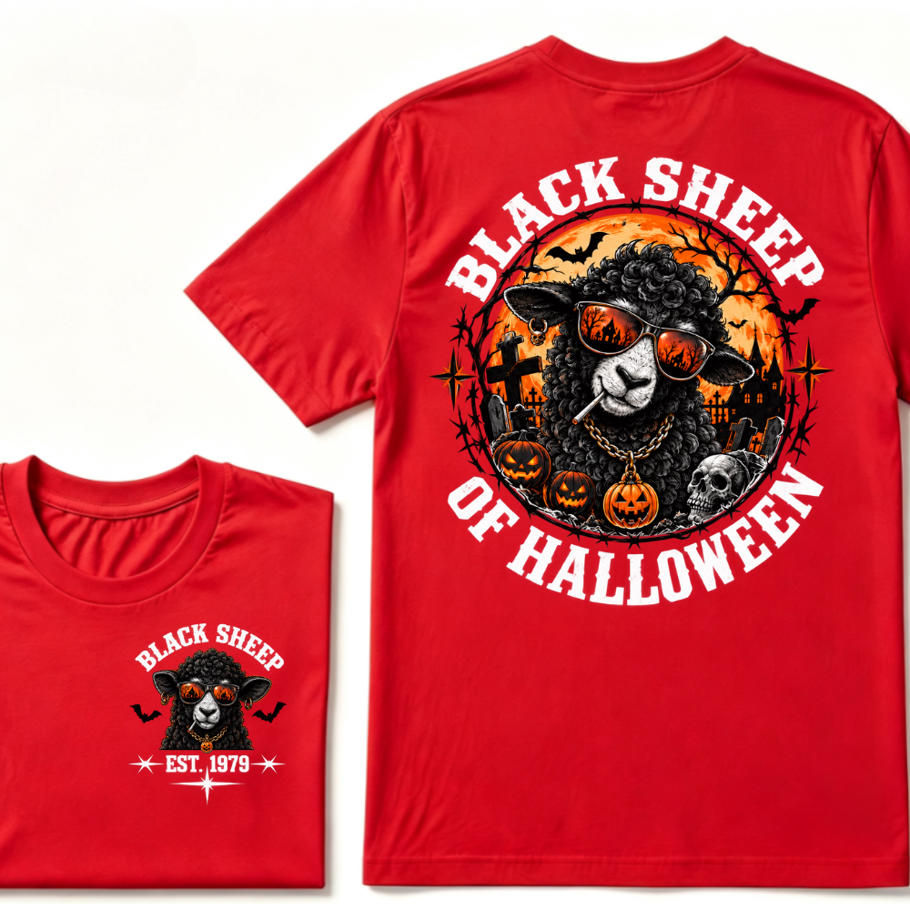Black Sheep Of Halloween EST.Year Cool Sheep Sunglasses Pumpkin Graveyard Print T‑Shirt Retro Halloween Graphic Tee