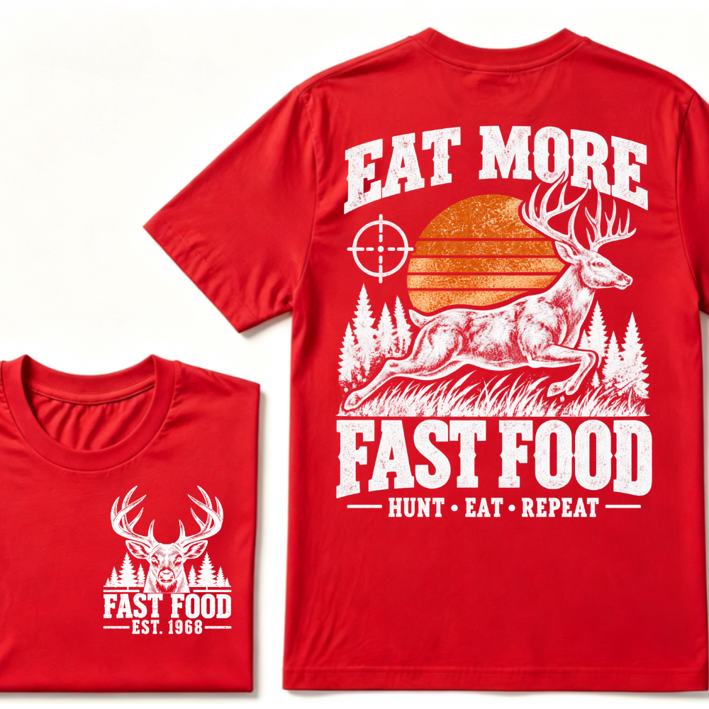Eat More Fast Food Hunt Eat Repeat EST.Year Deer Hunting Retro Sunset Vintage Hunter Graphic Tee