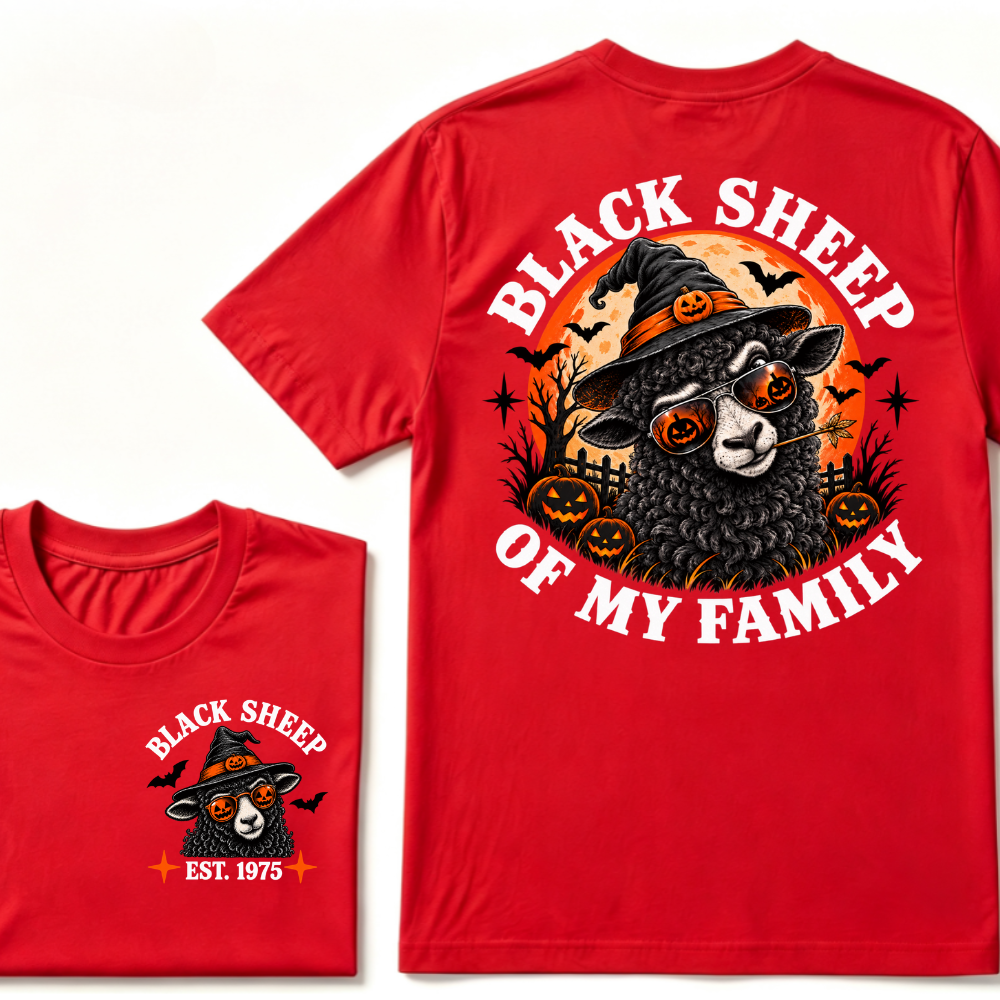 Black Sheep Of My Family EST.Year Halloween Witch Sheep T-Shirt, Pumpkin Bat Moon Spooky Front Back Print Graphic Tee