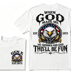 When God Made Me He Grinned And Said This'll Be Fun Gen X EST.Year Eagle American Flag T-Shirt