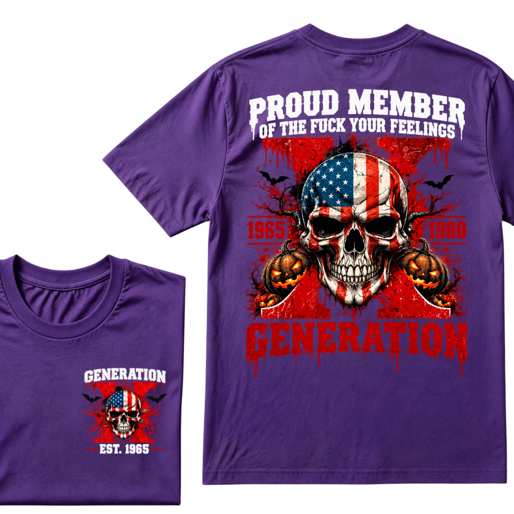 Gen X Proud Member Generation X 1965-1980 EST.Year American Flag Skull Halloween Pumpkin Print T-shirt, Patriotic Retro Gen X Graphic Tee