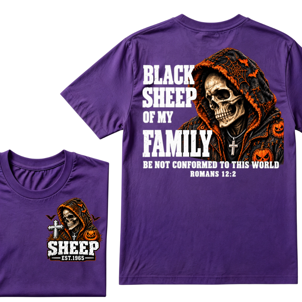 Black Sheep Of My Family Halloween Skull Hooded T-Shirt, Be Not Conformed To This World Romans 12:2 Christian EST.Year Pumpkin Bat Print Graphic Tee