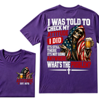 I Was Told To Check My Attitude American Flag Skeleton Beer Cross EST.Year Double Sided Print T‑Shirt