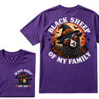 Black Sheep Of My Family EST.Year Halloween Witch Sheep T-Shirt, Pumpkin Bat Moon Spooky Front Back Print Graphic Tee