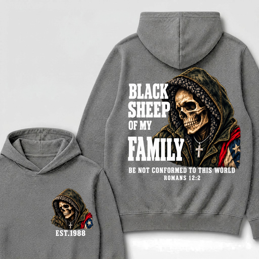 Custom EST Year Black Sheep Of My Family Romans 12:2 Bible Verse Skull Hoodie