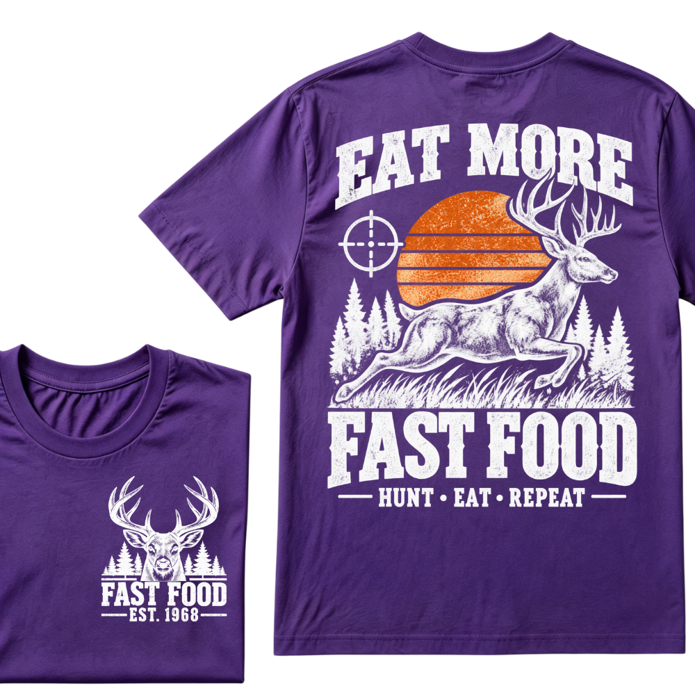 Eat More Fast Food Hunt Eat Repeat EST.Year Deer Hunting Retro Sunset Vintage Hunter Graphic Tee