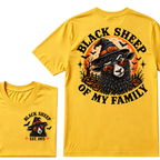 Black Sheep Of My Family EST.Year Halloween Witch Sheep T-Shirt, Pumpkin Bat Moon Spooky Front Back Print Graphic Tee