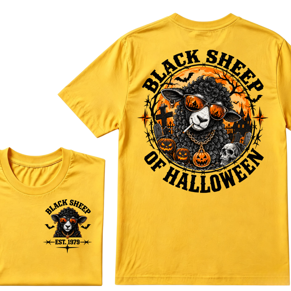 Black Sheep Of Halloween EST.Year Cool Sheep Sunglasses Pumpkin Graveyard Print T‑Shirt Retro Halloween Graphic Tee