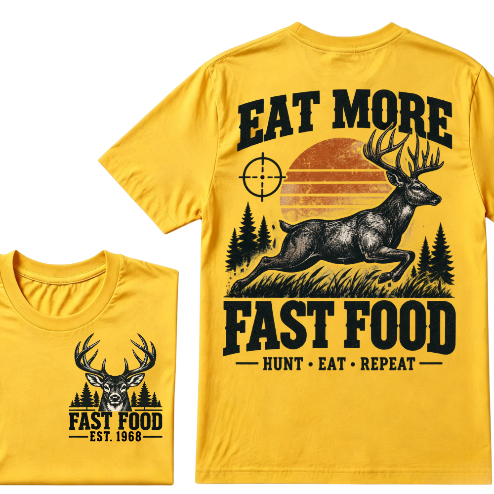 Eat More Fast Food Hunt Eat Repeat EST.Year Deer Hunting Retro Sunset Vintage Hunter Graphic Tee