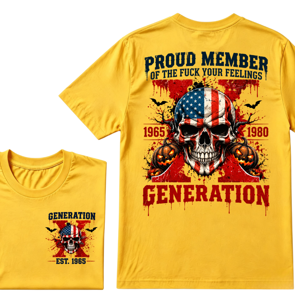 Gen X Proud Member Generation X 1965-1980 EST.Year American Flag Skull Halloween Pumpkin Print T-shirt, Patriotic Retro Gen X Graphic Tee