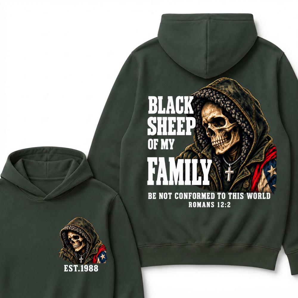 Custom EST Year Black Sheep Of My Family Romans 12:2 Bible Verse Skull Hoodie