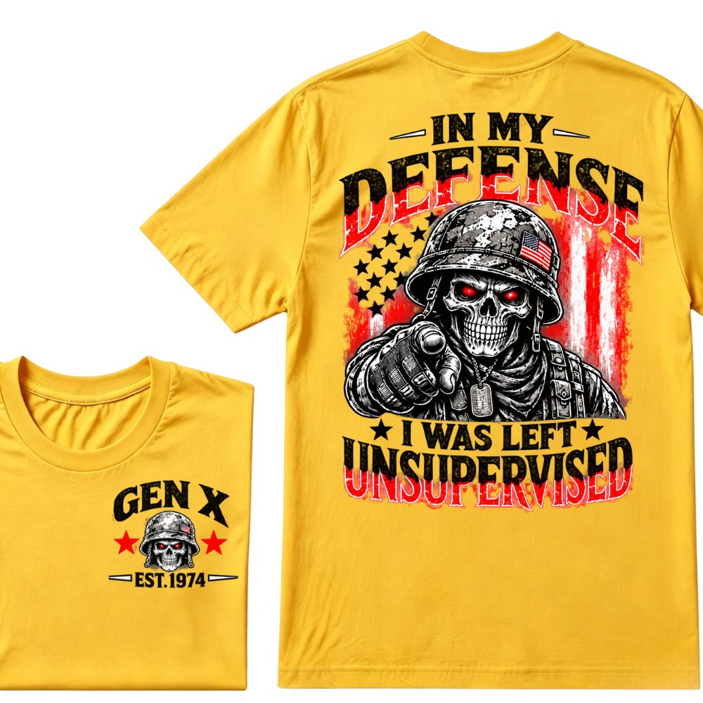 Gen X EST.Year In My Defense I Was Left Unsupervised Soldier Skull American Flag Graphic T-Shirt
