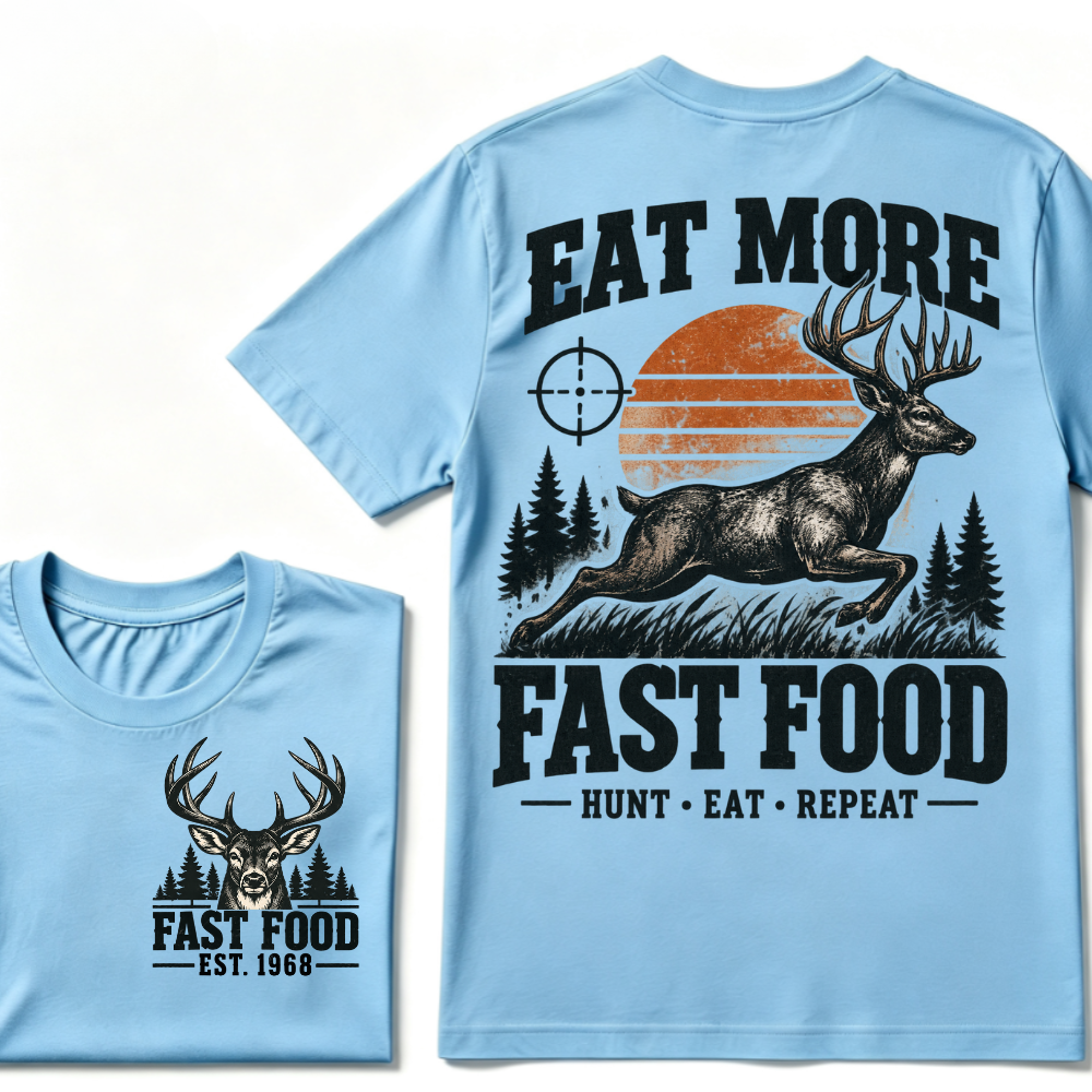 Eat More Fast Food Hunt Eat Repeat EST.Year Deer Hunting Retro Sunset Vintage Hunter Graphic Tee