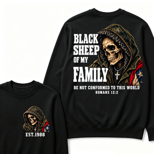 Black Sheep Of My Family Romans 12:2 Bible Verse Skull Hooded EST.Year Sweatshirts