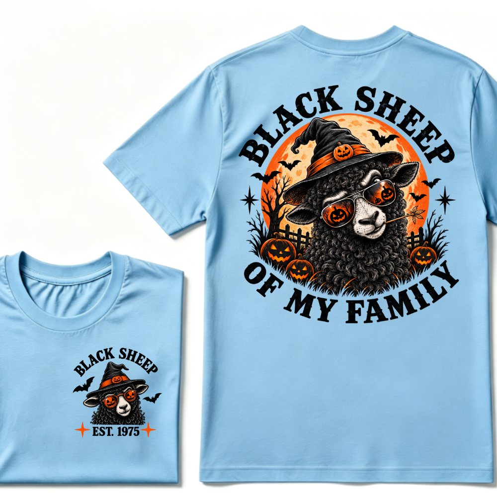 Black Sheep Of My Family EST.Year Halloween Witch Sheep T-Shirt, Pumpkin Bat Moon Spooky Front Back Print Graphic Tee