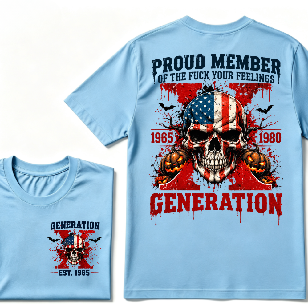 Gen X Proud Member Generation X 1965-1980 EST.Year American Flag Skull Halloween Pumpkin Print T-shirt, Patriotic Retro Gen X Graphic Tee