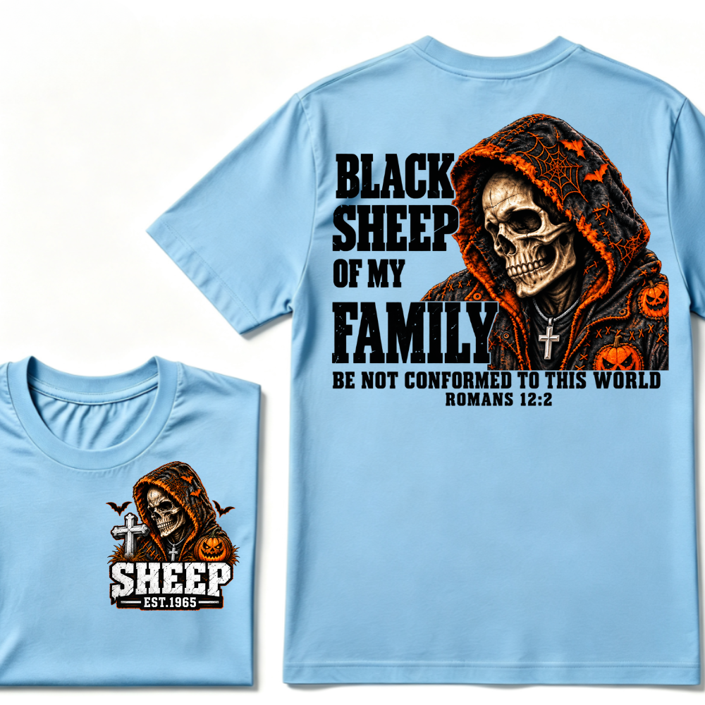 Black Sheep Of My Family Halloween Skull Hooded T-Shirt, Be Not Conformed To This World Romans 12:2 Christian EST.Year Pumpkin Bat Print Graphic Tee