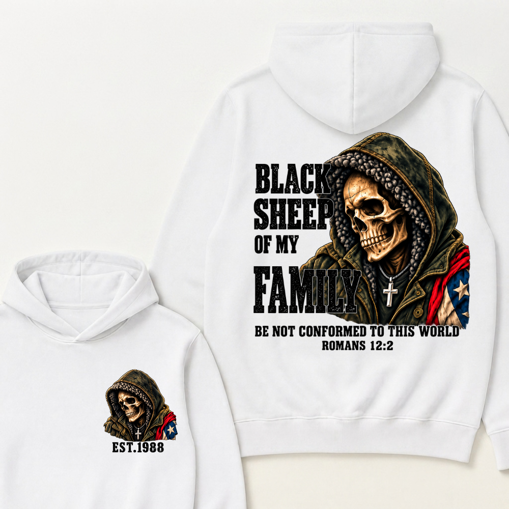 Custom EST Year Black Sheep Of My Family Romans 12:2 Bible Verse Skull Hoodie