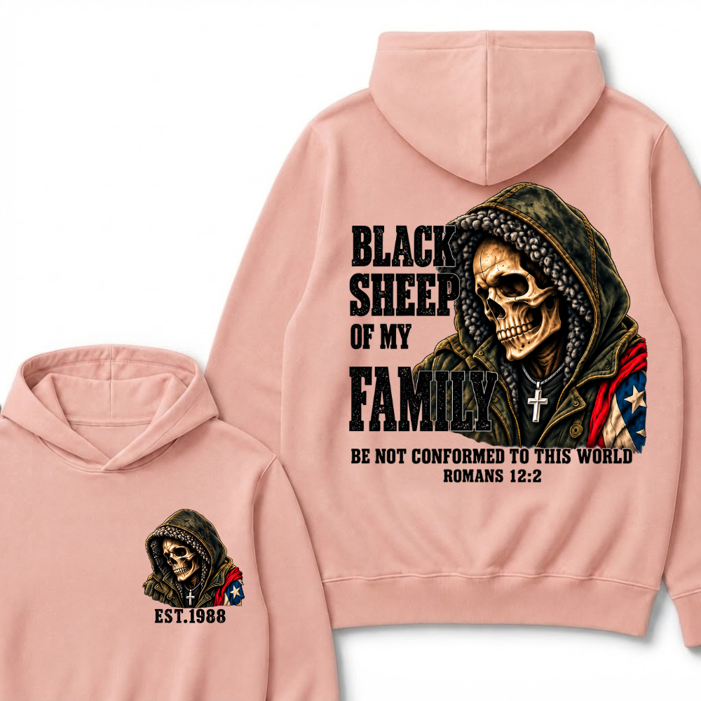 Custom EST Year Black Sheep Of My Family Romans 12:2 Bible Verse Skull Hoodie