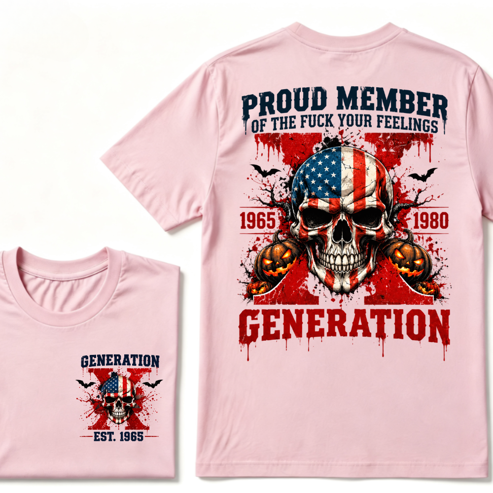 Gen X Proud Member Generation X 1965-1980 EST.Year American Flag Skull Halloween Pumpkin Print T-shirt, Patriotic Retro Gen X Graphic Tee