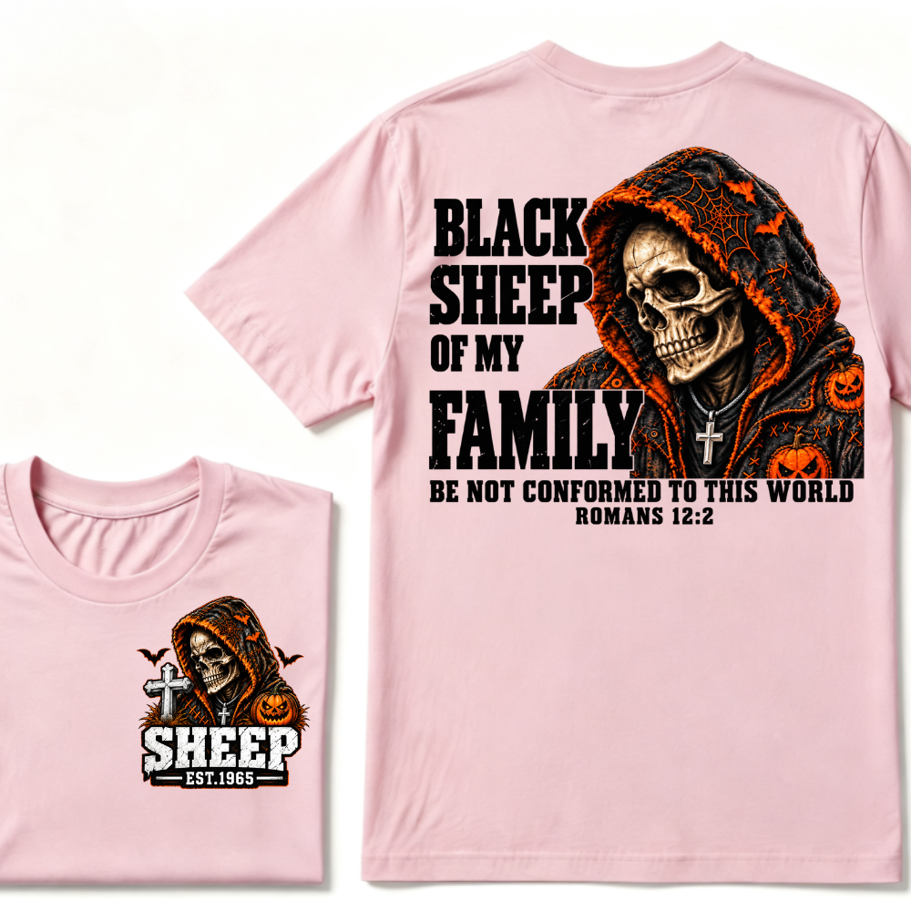 Black Sheep Of My Family Halloween Skull Hooded T-Shirt, Be Not Conformed To This World Romans 12:2 Christian EST.Year Pumpkin Bat Print Graphic Tee