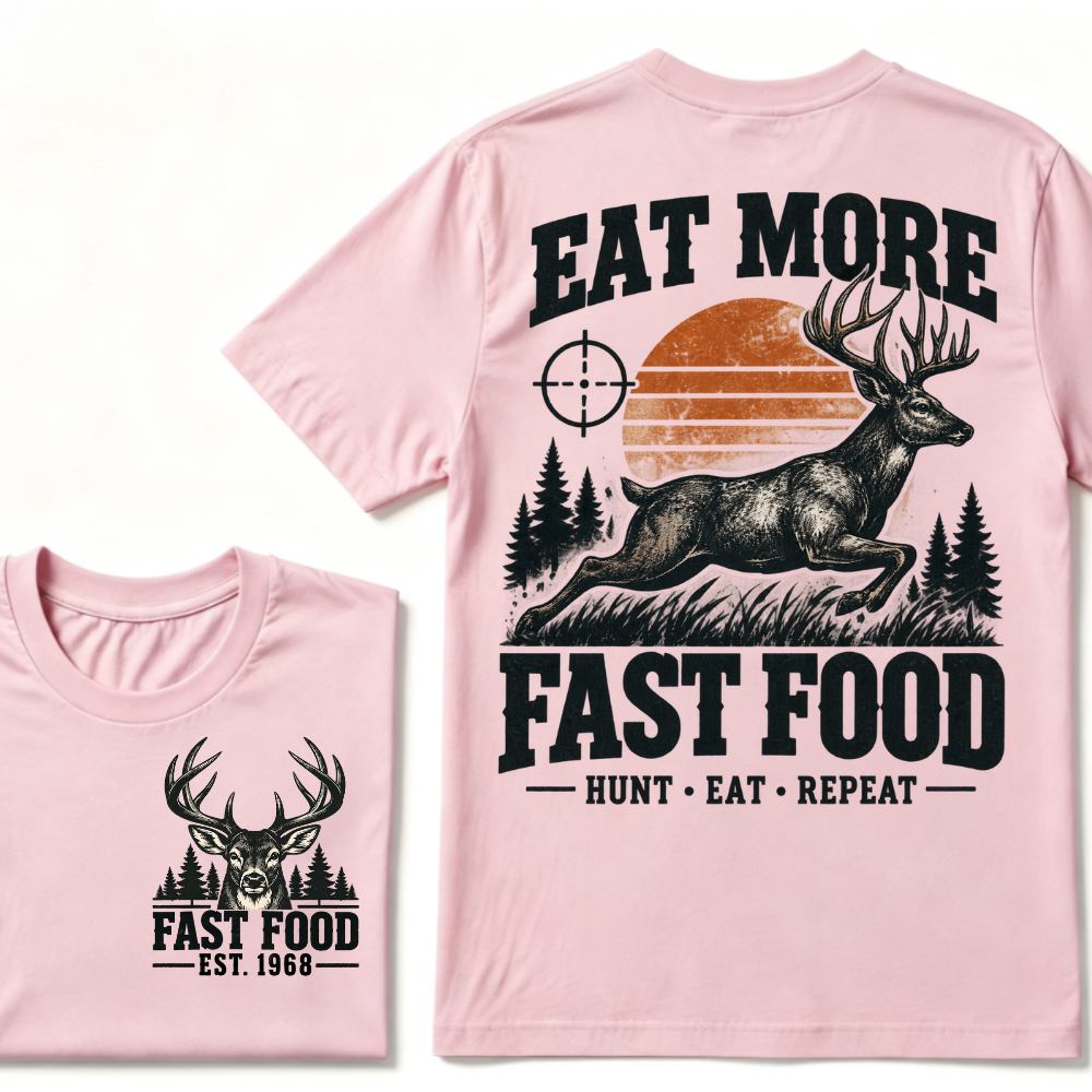 Eat More Fast Food Hunt Eat Repeat EST.Year Deer Hunting Retro Sunset Vintage Hunter Graphic Tee
