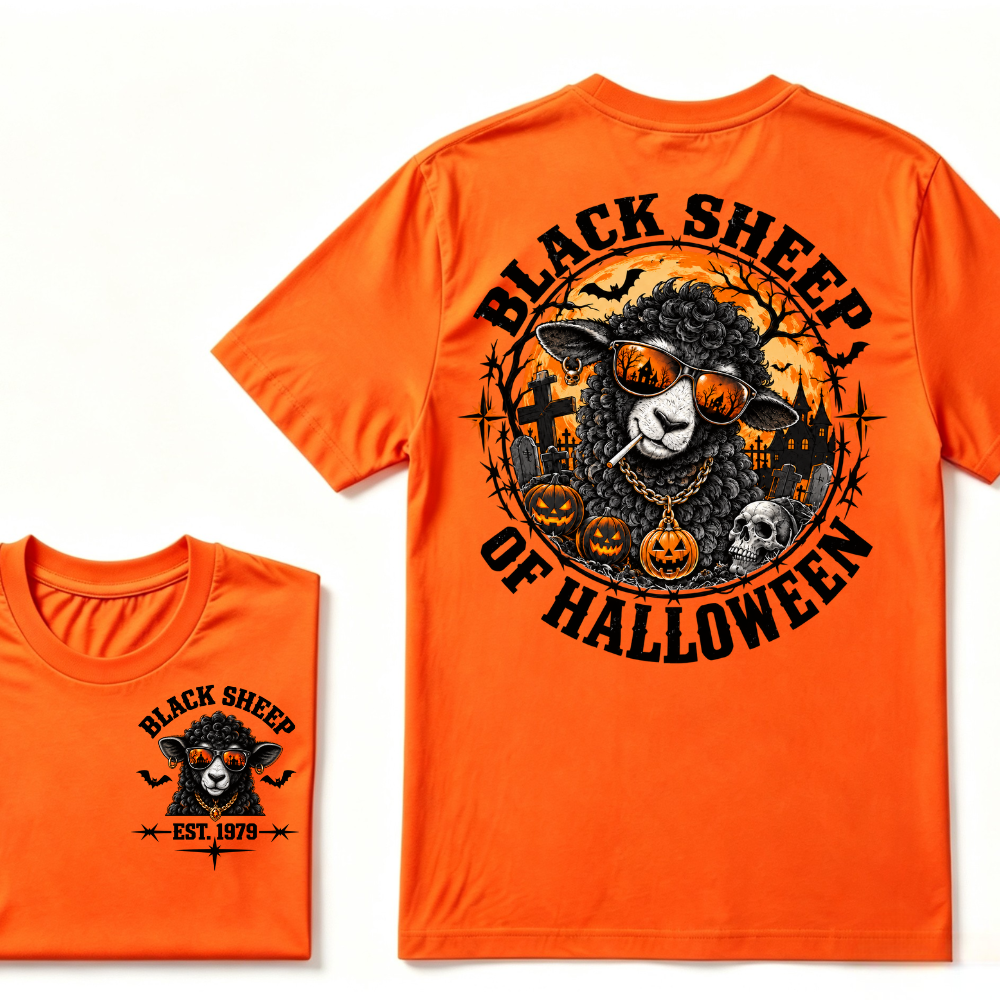 Black Sheep Of Halloween EST.Year Cool Sheep Sunglasses Pumpkin Graveyard Print T‑Shirt Retro Halloween Graphic Tee