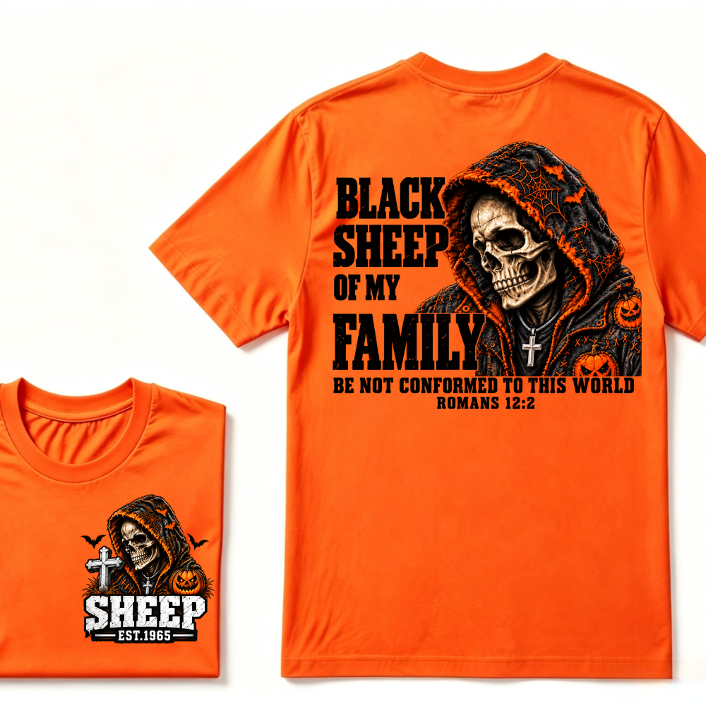 Black Sheep Of My Family Halloween Skull Hooded T-Shirt, Be Not Conformed To This World Romans 12:2 Christian EST.Year Pumpkin Bat Print Graphic Tee
