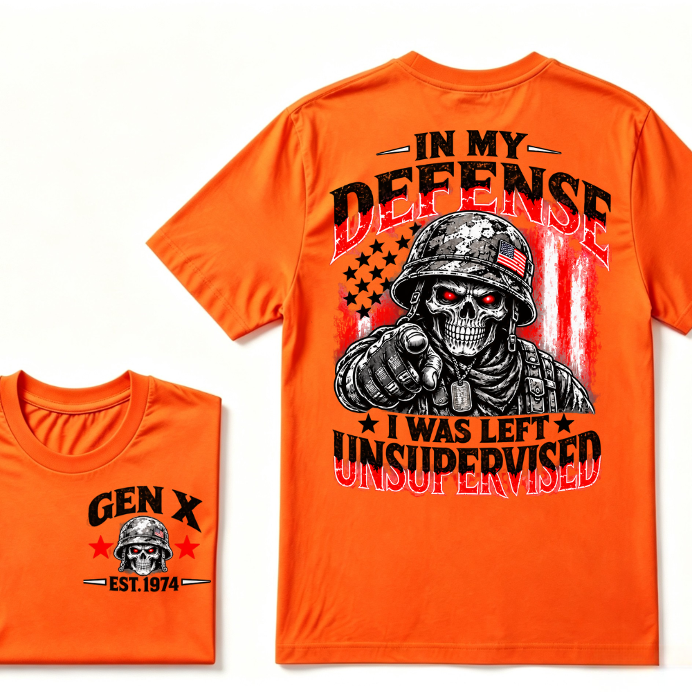 Gen X EST.Year In My Defense I Was Left Unsupervised Soldier Skull American Flag Graphic T-Shirt