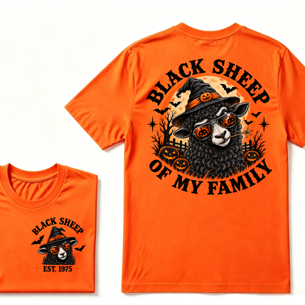 Black Sheep Of My Family EST.Year Halloween Witch Sheep T-Shirt, Pumpkin Bat Moon Spooky Front Back Print Graphic Tee