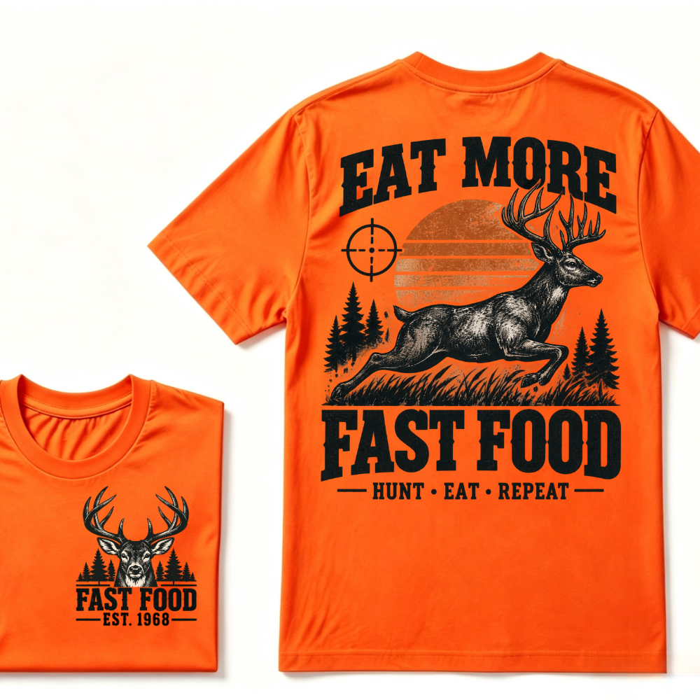 Eat More Fast Food Hunt Eat Repeat EST.Year Deer Hunting Retro Sunset Vintage Hunter Graphic Tee
