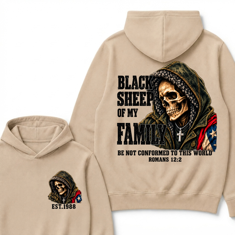 Custom EST Year Black Sheep Of My Family Romans 12:2 Bible Verse Skull Hoodie