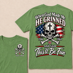 Custom EST Year When God Made Me He Grinned And Said This'll Be Fun 1946-1964 Boomer Skull American Flag T-Shirt