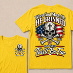 Custom EST Year When God Made Me He Grinned And Said This'll Be Fun 1946-1964 Boomer Skull American Flag T-Shirt