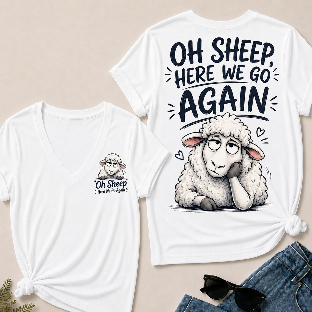 "Oh Sheep, Here We Go Again" Funny Sheep V-Neck Tee