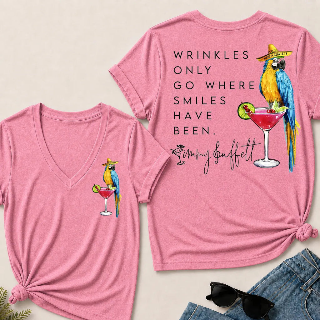 Wrinkles Only Go Where Smiles Have Been – Jimmy Buffett Tribute V-Neck T-Shirt